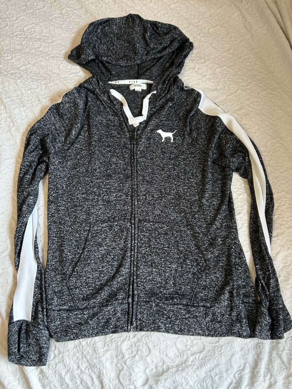 PINK Victoria's Secret Black Heather Zip Hoodie with White Stripe